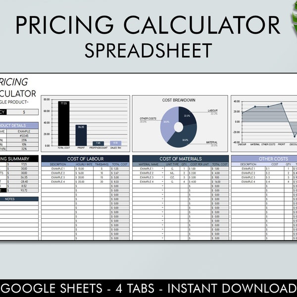 Pricing Calculator Spreadsheet, Product Pricing Template, Pricing Sheet, Small Business, Pricing Guide, Pricing Worksheet, Google Sheets