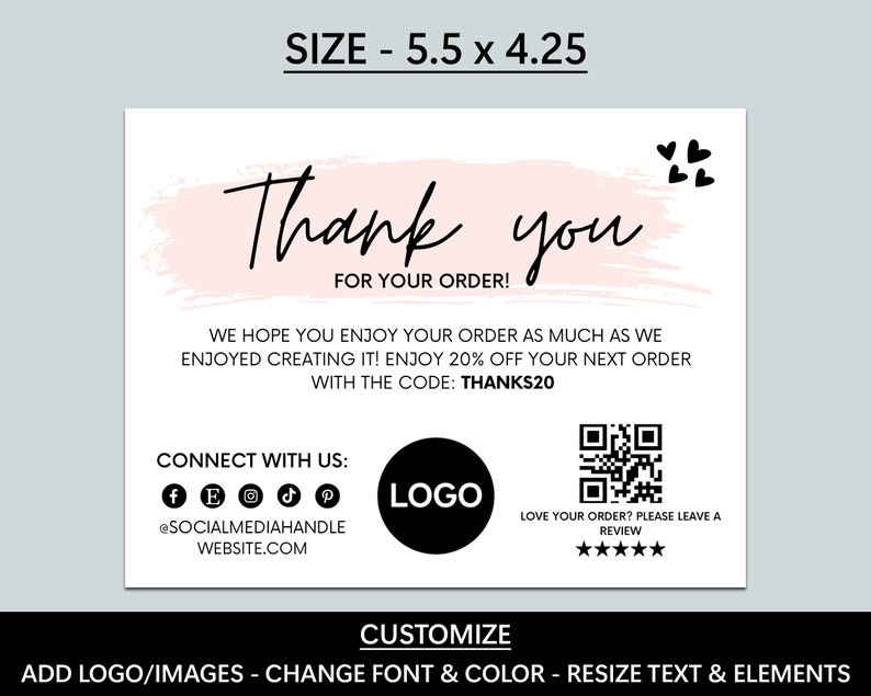 Editable Thank You Card, Printable Thanks for Your Purchase Card Card ...
