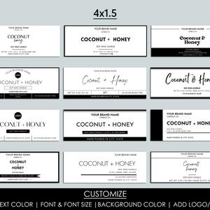 May include: Nine different label designs for a coconut and honey soy wax candle. The labels are black and white with a variety of fonts and layouts. The text on the labels includes "Coconut + Honey", "Coconut & Honey", and "Soy Wax Candle".