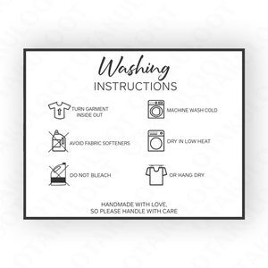 Instruções de lavagem de roupas, cartão de cuidados com camisas, cartão de instruções de cuidados com roupas, suprimentos para pequenas empresas, pronto para imprimir, download instantâneo