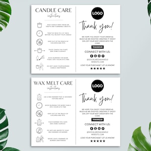 Tarjeta de cuidado de velas editable, tarjeta de agradecimiento, instrucciones de cuidado de cera derretida imprimibles, plantilla de Canva, tarjeta de inserción para paquete de pequeña empresa