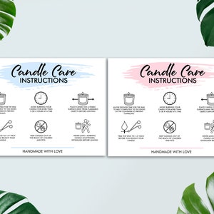 May include: Two blue and pink candle care instruction cards with black text and icons. The cards include instructions on how to properly burn candles, such as trimming the wick, avoiding burning for more than 3 or 4 hours at a time, and keeping candles out of reach of children and pets. The cards also include the text "Handmade with Love".