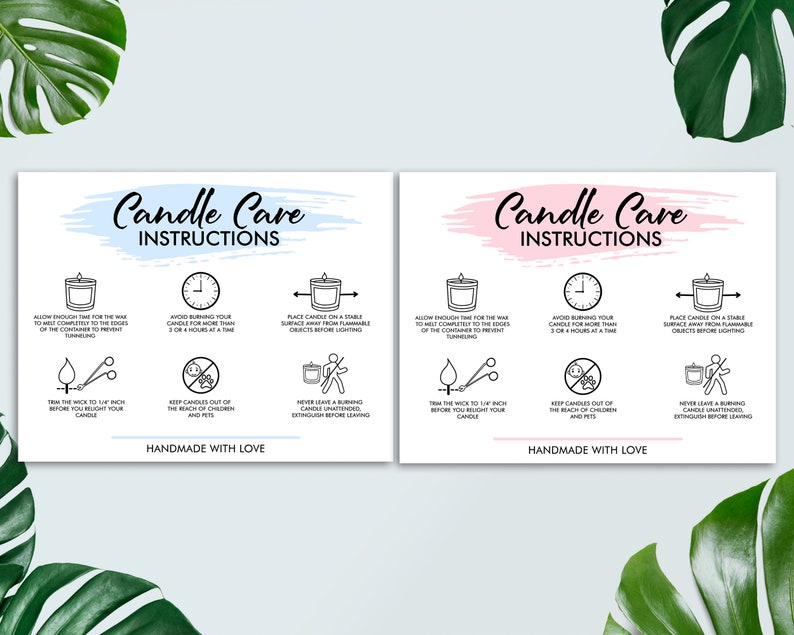 May include: Two blue and pink candle care instruction cards with black text and icons. The cards include instructions on how to properly burn candles, such as trimming the wick, avoiding burning for more than 3 or 4 hours at a time, and keeping candles out of reach of children and pets. The cards also include the text "Handmade with Love".