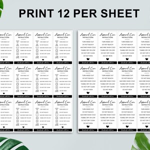 May include: Twelve black and white apparel care instruction labels with a heart symbol and the text "Handmade with love". The labels include instructions for turning inside out, washing, drying, and ironing.