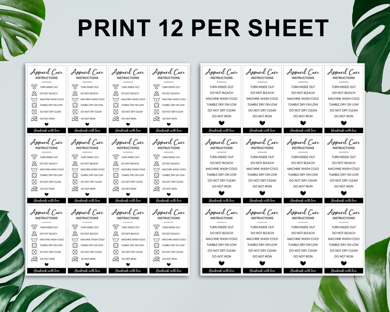 May include: Twelve black and white apparel care instruction labels with a heart symbol and the text "Handmade with love". The labels include instructions for turning inside out, washing, drying, and ironing.