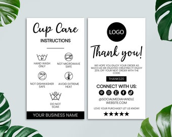 Editable Cup Care Card Template, Thank You Card, Printable Tumbler Care Card, Washing Instructions, Packaging Insert, Small Business
