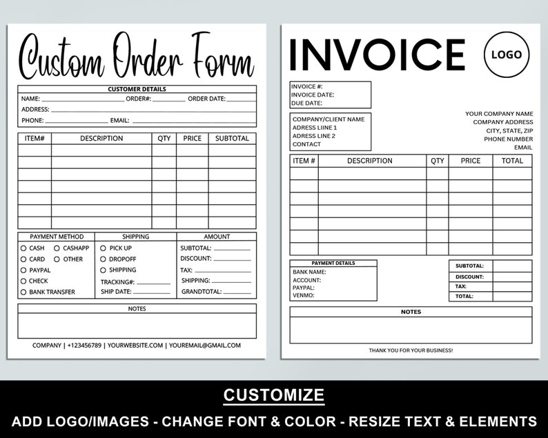 Editable Order Forms Bundle, Tshirt, Tumbler, Invoice Template, Editable Canva Template, Printable Small Business Forms, Custom Order Form