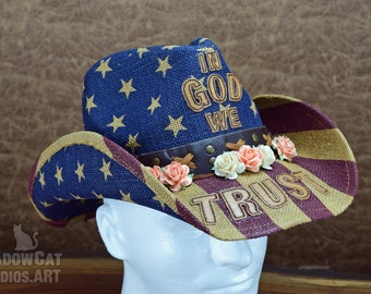 Cowboy Cowgirl Hat Patriotic Roses In God We Trust