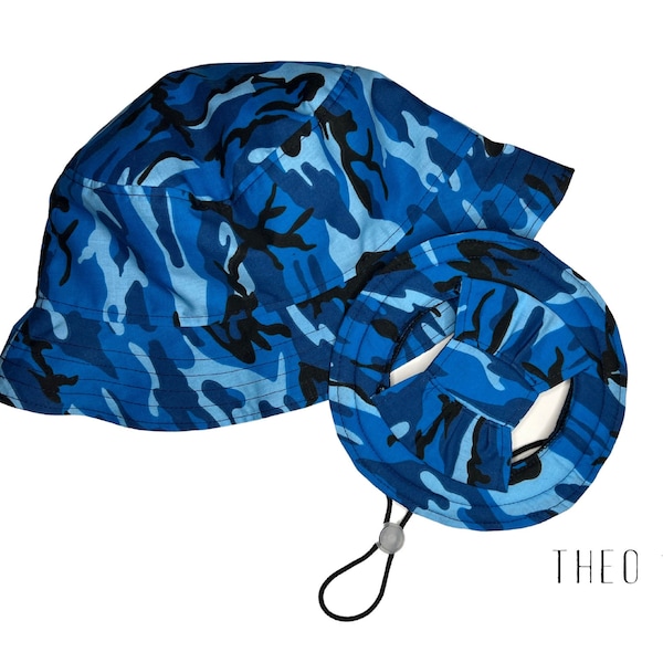 Reversible Blue Camo Bucket Hat and Matching Pet Bucket Hat, Men/Women Sunwear, Foldable, Travel Friendly, Summer Headwear