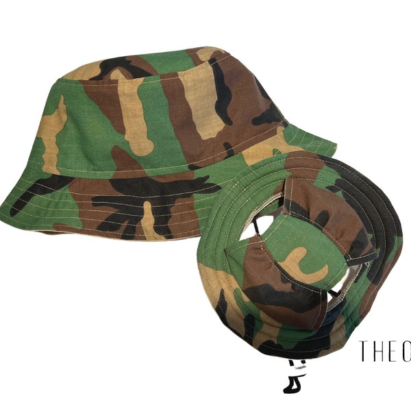 Reversible Brown Camo Bucket Hat and Matching Pet Bucket Hat, Men/Women Sunwear, Foldable, Travel Friendly, Summer Headwear