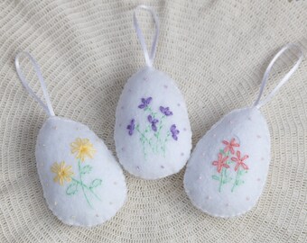 Felt Easter Egg Ornament with Hand Embroidered Flowers, Spring Bowl and Basket Fillers, Flower Tiered Tray Decor