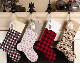 Buffalo Plaid Christmas Stocking, Personalized Handmade Flannel Christmas Stockings, Plaid Stockings with Tag, Woodland Cabin Mantle Decor