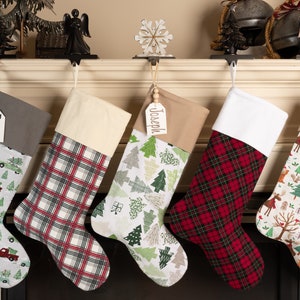 Red and Green Classic Christmas Stockings, Handmade Flannel Christmas Stockings, Woodland Winter Decor, Holiday Mantle Decorations