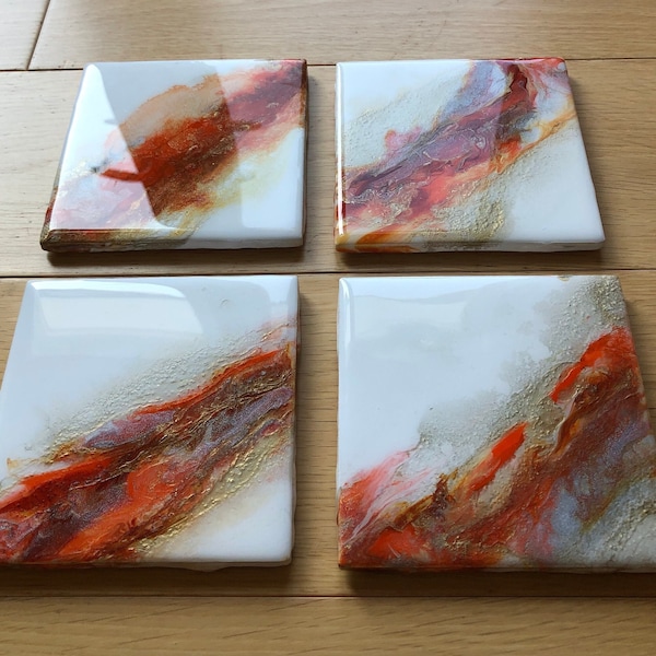 Set of four (4) Handcrafted Acrylic Pour Ceramic Coasters
