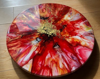 15" Lazy Susan turntable in reds, oranges, magenta and gold, Dining Table, Coffee Table, Coffee Bar Service, rubber wood
