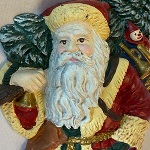 Hand painted Santa with Christmas Tree and Sack of Toys. Metal plaque. Vintage.