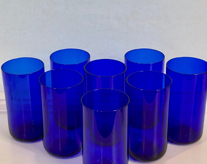 Deep Cobalt Blue Tall Water Glasses. Set of Eight. Vintage. Hand Blown