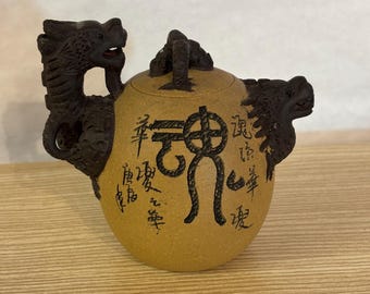 Double Dragon Handmade Teapot Ceramic Egg Shape with Good Luck symbols