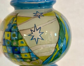 Vintage Hand-Painted Glass Ornament – Geometric Christmas Tree, Stars, Swirls