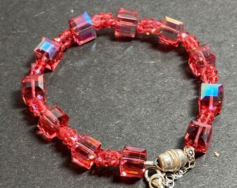 Swarovski Crystal Bracelet - Pink Orange Aurora Borealis Cube Beads - 7.5" Handmade Austrian Crystal Jewelry