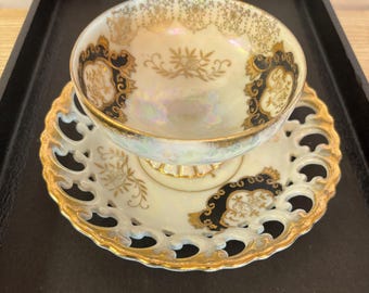Royal Sealy Footed Teacup and Reticulated Saucer: Black Gold Floral, 1950s Collectible