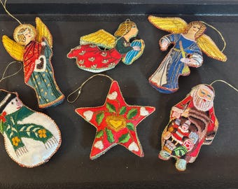 Hand-Embroidered Christmas Ornaments, Angels, Santa, Snowman, Star, Set of 6