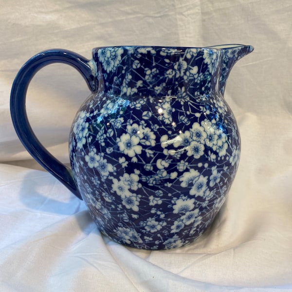 Cobalt Blue Floral Millefleurs Pattern Ceramic Pitcher. Vintage.