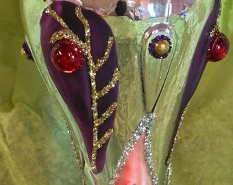 Christmas Ornament Victorian Style Vintage Glass Teardrop with Gold Trim, Glitter & Gems - Hand-Decorated
