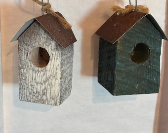 Rustic Wooden Birdhouse Christmas Ornaments - Weathered Farmhouse Set
