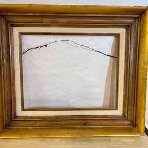 May include: A rectangular picture frame with a gold-colored outer frame and a brown inner frame. The frame has a cream-colored matting and a black wire for hanging. The frame is empty.