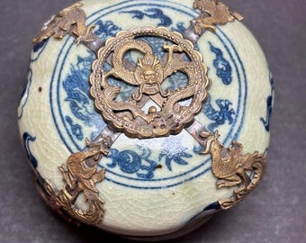 Hand Painted China Keepsake Box: Brass Dragon & Phoenix Ring Box