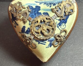 Heart Keepsake Box: Hand-Painted China, Brass Dragon Decor