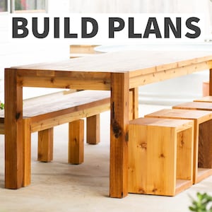 May include: A wooden outdoor dining set with a long table, two benches, and four square stools. The set is made of natural wood with a light brown finish. The text "BUILD PLANS" is displayed at the top of the image.