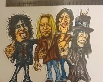 Motley Crue Cartoon Sticker 4" long Nikki Sixx Vince Neil Tommy Lee Mick Mars