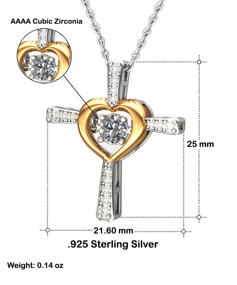K&ouml;nnte beinhalten: Eine Halskette mit einem Anh&auml;nger aus Silber und Gold in Form eines Herz-Kreuzes. Das Kreuz ist mit kubischen Zirkonia-Steinen verziert. Der Anh&auml;nger misst 21,60 mm x 25 mm und ist aus 925er Sterlingsilber gefertigt. Die Halskette wiegt 0,14 Unzen.