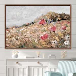 Landscape Wall Art Wildflower Field Oil Painting Large Wall Art Print, Framed Canvas Nature Wall Decor, Rustic Country Landscape,Vintage Art