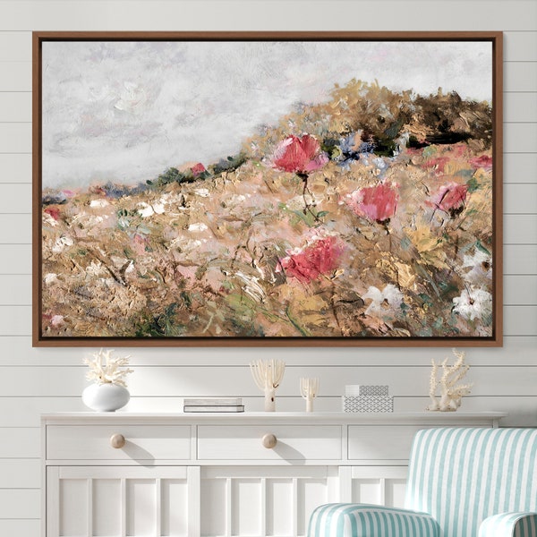 Landscape Wall Art Wildflower Field Oil Painting Large Wall Art Print, Framed Canvas Nature Wall Decor, Rustic Country Landscape,Vintage Art