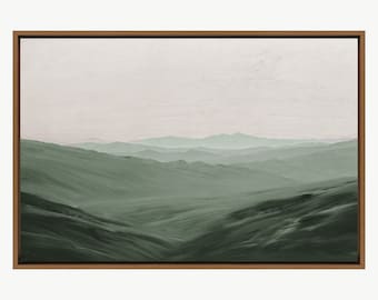 May include: A muted green landscape painting with a hazy, soft focus. The painting depicts rolling hills and mountains in the distance, with a light, almost white sky above.