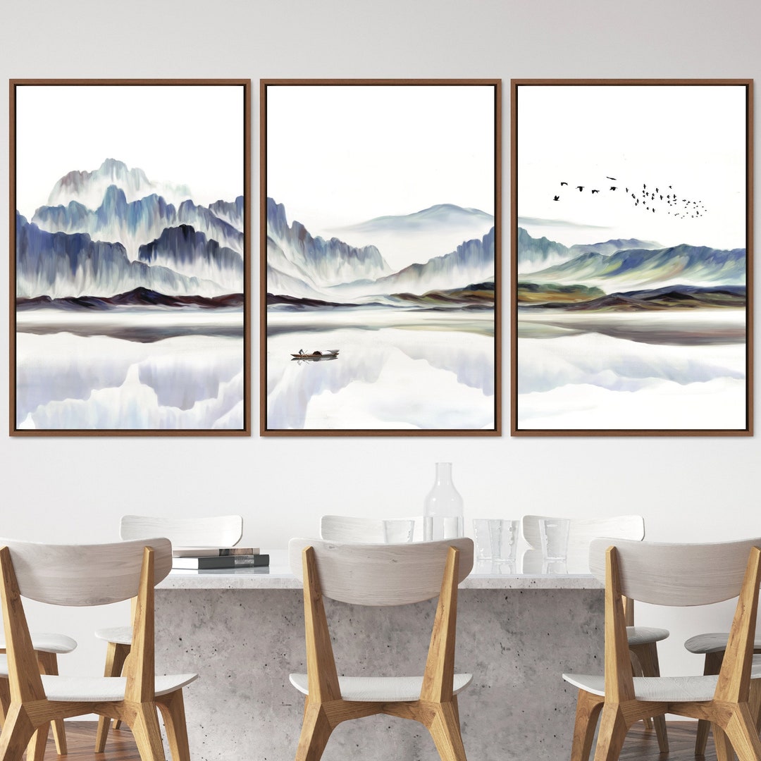 3 Piece Canvas Wall Art Set, Watercolor Mountain Landscape With Boat ...
