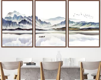 3 Piece Canvas Wall Art Set, Watercolor Mountain Landscape with Boat Illustrations Modern Large Wall Art Print, Landscape Wall Decor