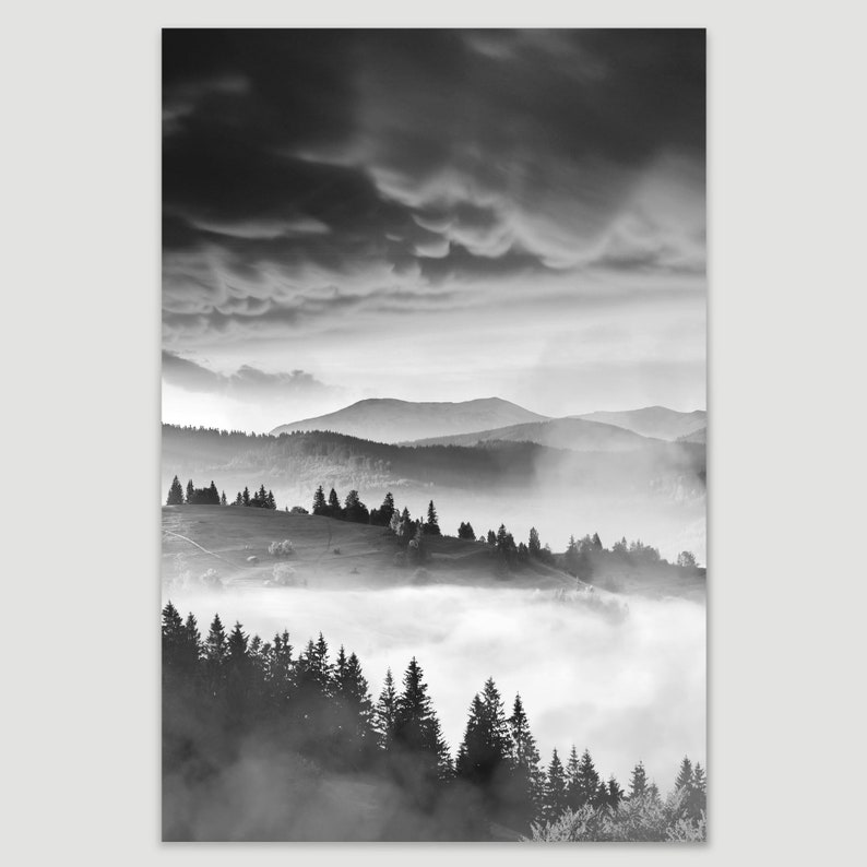 Black and White Foggy Mountain Landscape Canvas Art Print, Mountain ...