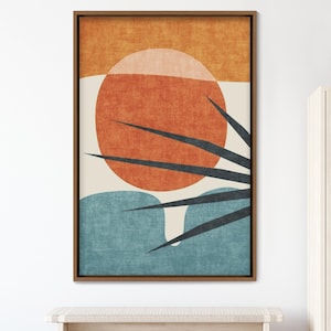 Abstract Blue Palm Tree and Red Sun Geometric Shapes Illustrations Modern Canvas Art Print, Frame Large Wall Art, Gift, Wall Decor
