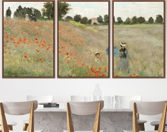 Claude Monet 3 Piece Canvas Wall Art Set | Poppy Field, Frame Large Wall Art, Vintage Art, Minimalist Art, Modern Art, Gift, Wall Decor