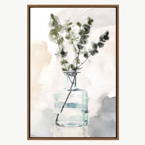 Dark Green Watercolor Eucalyptus Stem in Glass Vase Floral Botanical Illustrations Modern Canvas Art, Frame Large Wall Art, Gift, Wall Decor