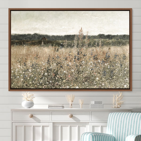 Landscape Wall Art Wildflower Field Oil Painting Large Wall Art Print, Framed Canvas Nature Wall Decor, Rustic Country Landscape,Vintage Art