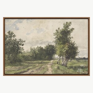 May include: A watercolour painting depicting a country lane meandering through a verdant landscape. The lane is flanked by trees and shrubs, and the sky is a soft grey with white clouds. The painting has a vintage feel and is ideal for adding a touch of nature to your home decor.