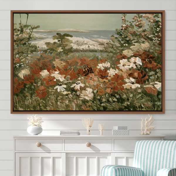 Landscape Wall Art Wildflower Field Oil Painting, Frame Large Wall Art, Landscape Art, Green Art, Vintage Art,Minimalist Art,Gift,Wall Decor