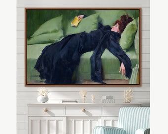 May include: A painting depicting a woman in a black dress reclining on a green sofa. She is holding a yellow book.