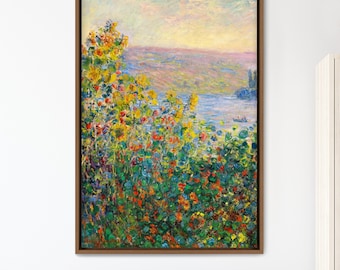 Claude Monet Framed Canvas Print | Flower Beds At Vetheuil, Frame Large Wall Art, Green Art, Vintage Art, Minimalist Art, Gift, Wall Decor