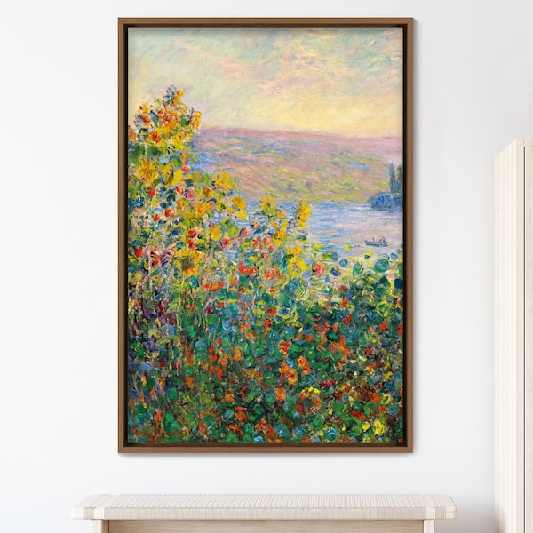 Claude Monet Framed Canvas Print | Flower Beds At Vetheuil, Frame Large Wall Art, Green Art, Vintage Art, Minimalist Art, Gift, Wall Decor